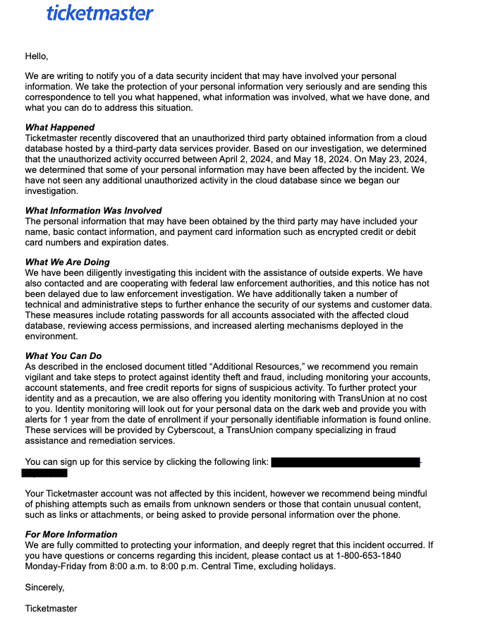 a screen shot of an email from ticketmaster outlining alerting registered users to a potential hack and letting them know how to redeem darkweb monitoring.